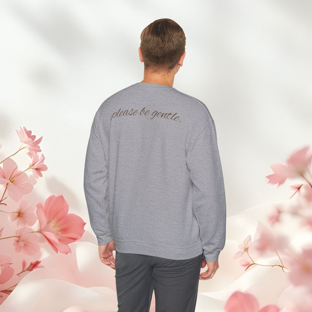 Gentle Care Crewneck Sweatshirt — "Petite Beauty" Graphic, "please be gentle." Back