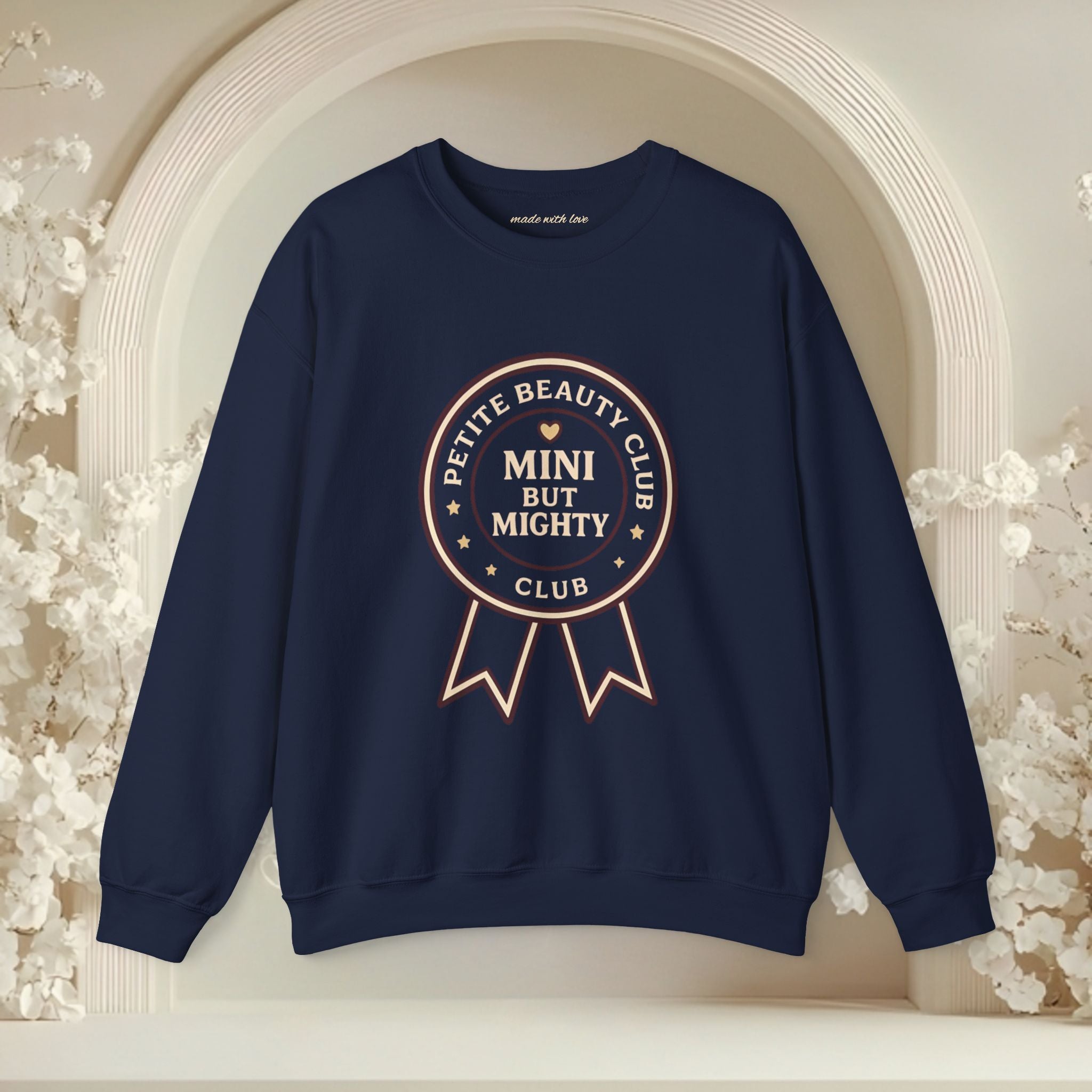 Crewneck Sweatshirt — 'Mini but Mighty' Award Ribbon Baby Announcement Pullover