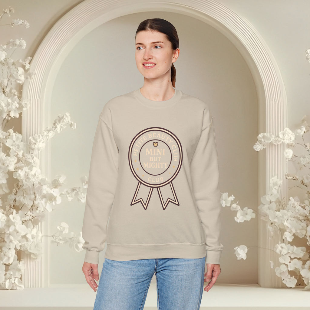 Crewneck Sweatshirt — 'Mini but Mighty' Award Ribbon Baby Announcement Pullover