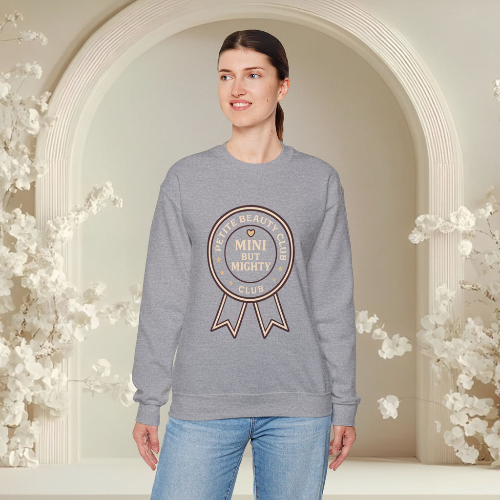 Crewneck Sweatshirt — 'Mini but Mighty' Award Ribbon Baby Announcement Pullover