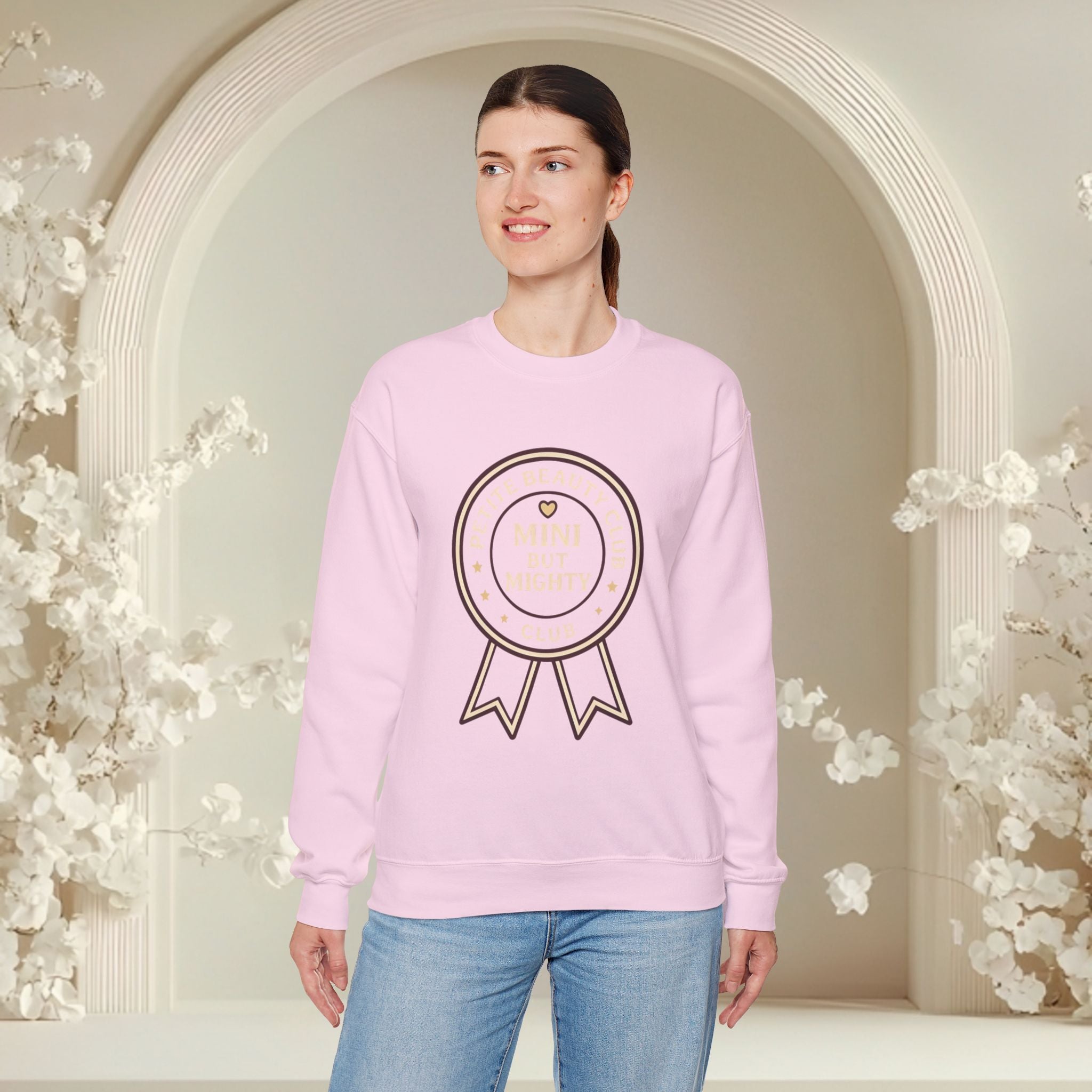 Crewneck Sweatshirt — 'Mini but Mighty' Award Ribbon Baby Announcement Pullover