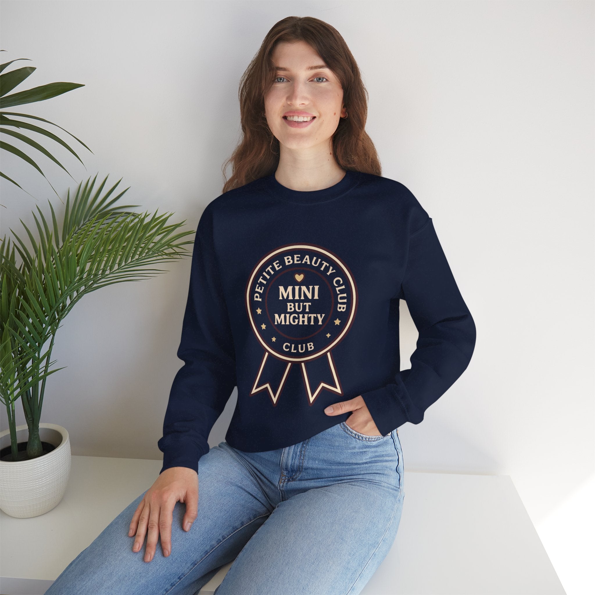 Crewneck Sweatshirt — 'Mini but Mighty' Award Ribbon Baby Announcement Pullover