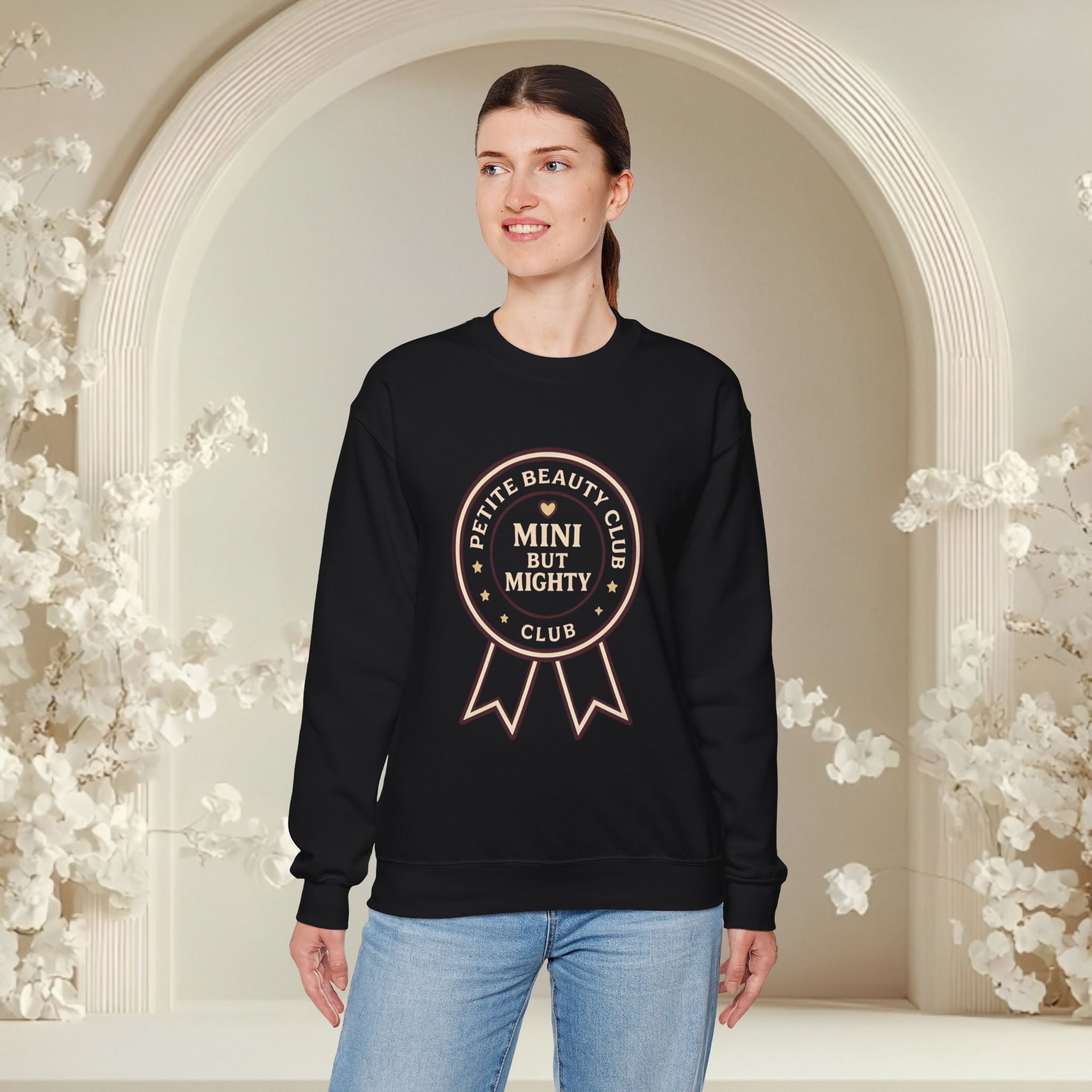 Crewneck Sweatshirt — 'Mini but Mighty' Award Ribbon Baby Announcement Pullover