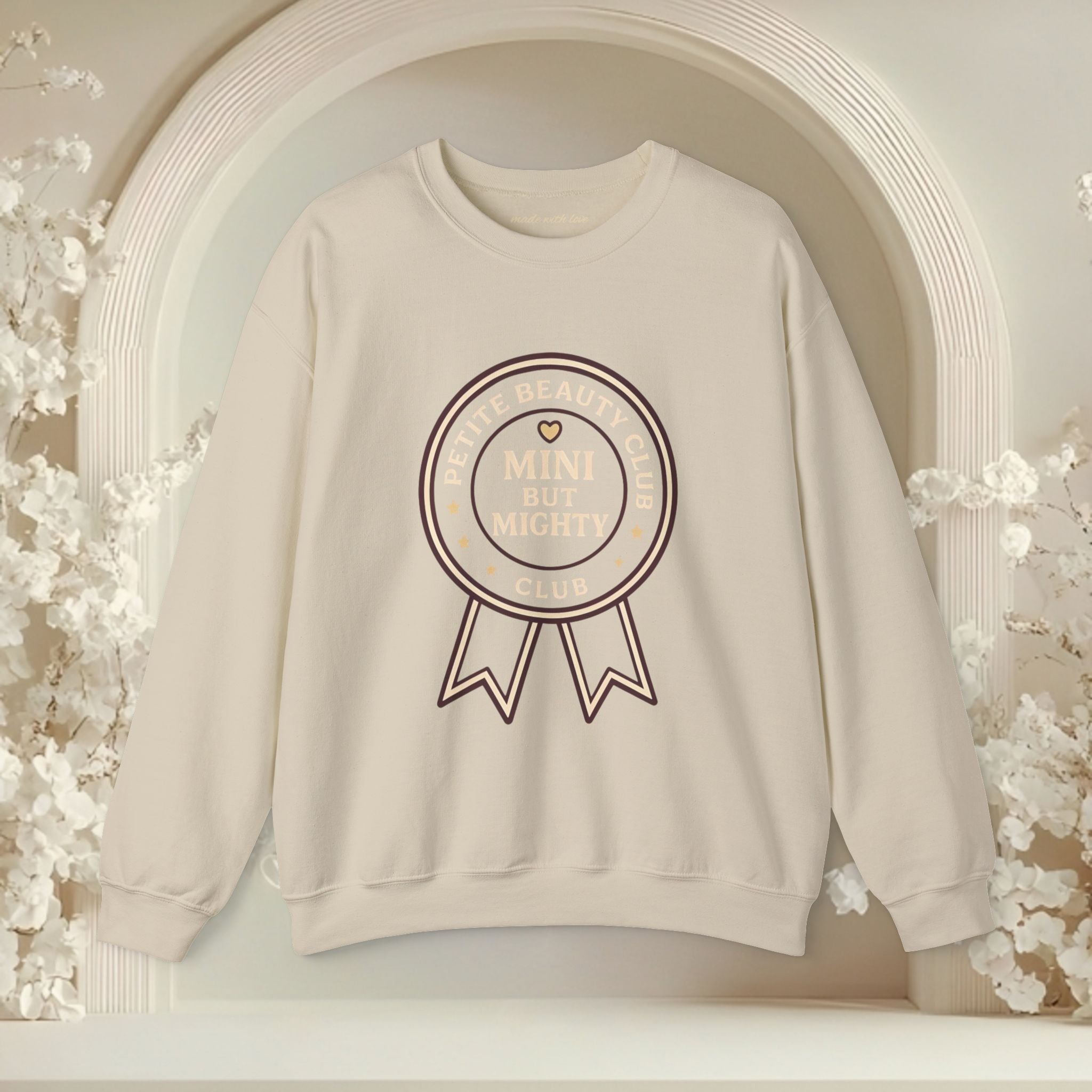 Crewneck Sweatshirt — 'Mini but Mighty' Award Ribbon Baby Announcement Pullover