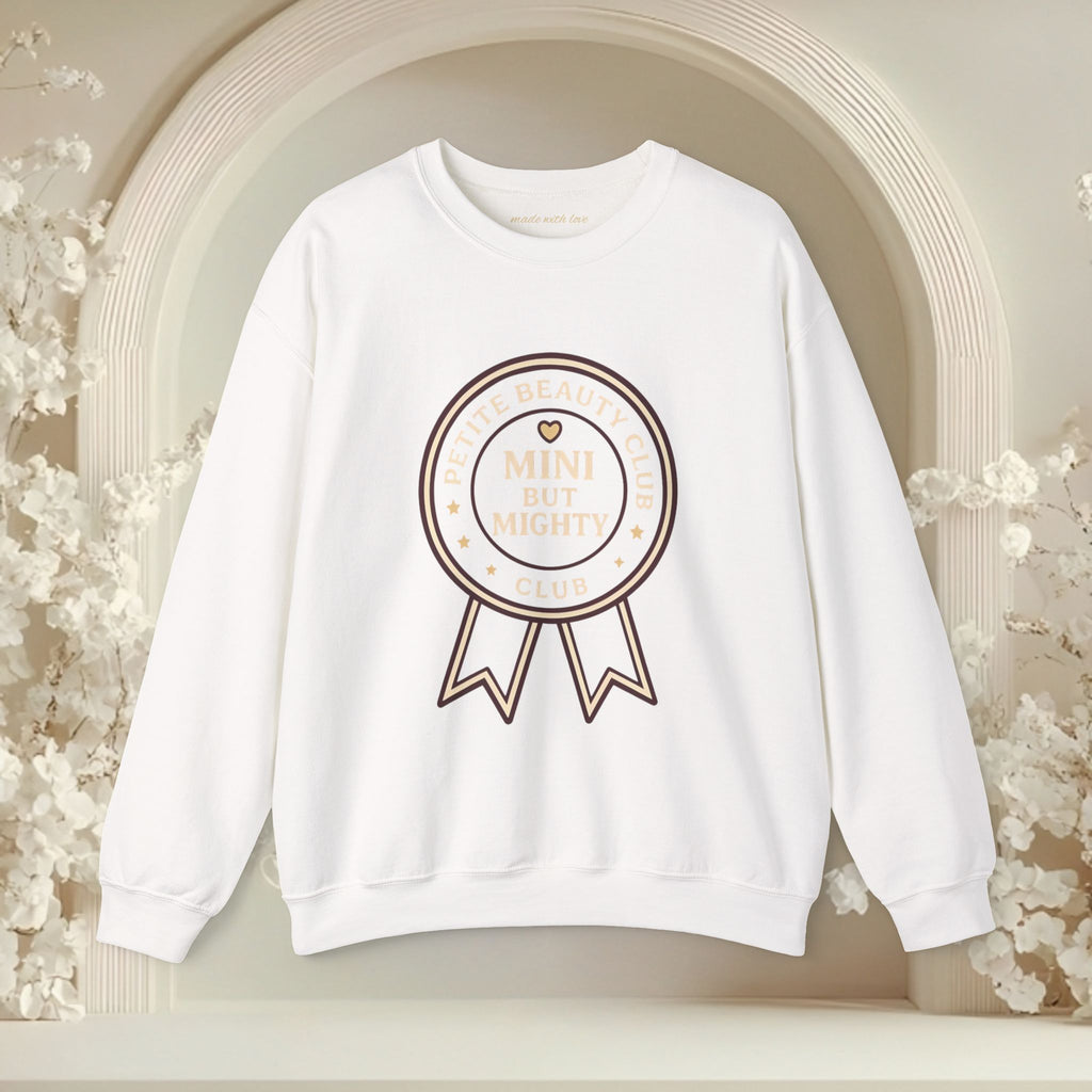 Crewneck Sweatshirt — 'Mini but Mighty' Award Ribbon Baby Announcement Pullover