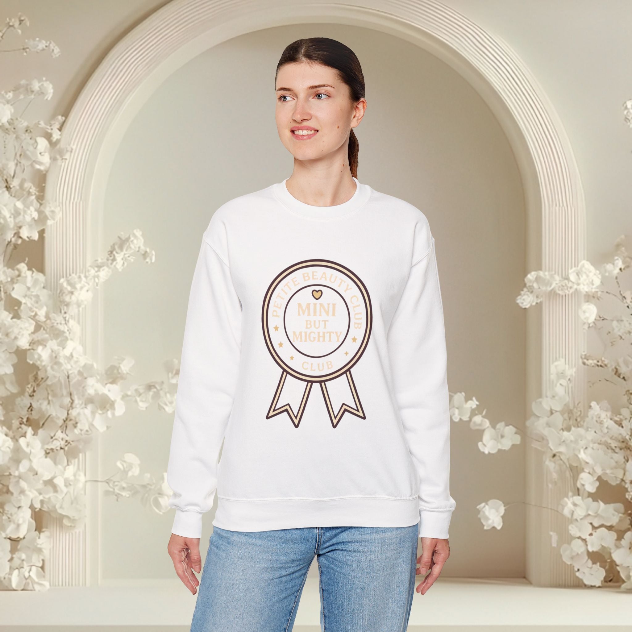 Crewneck Sweatshirt — 'Mini but Mighty' Award Ribbon Baby Announcement Pullover