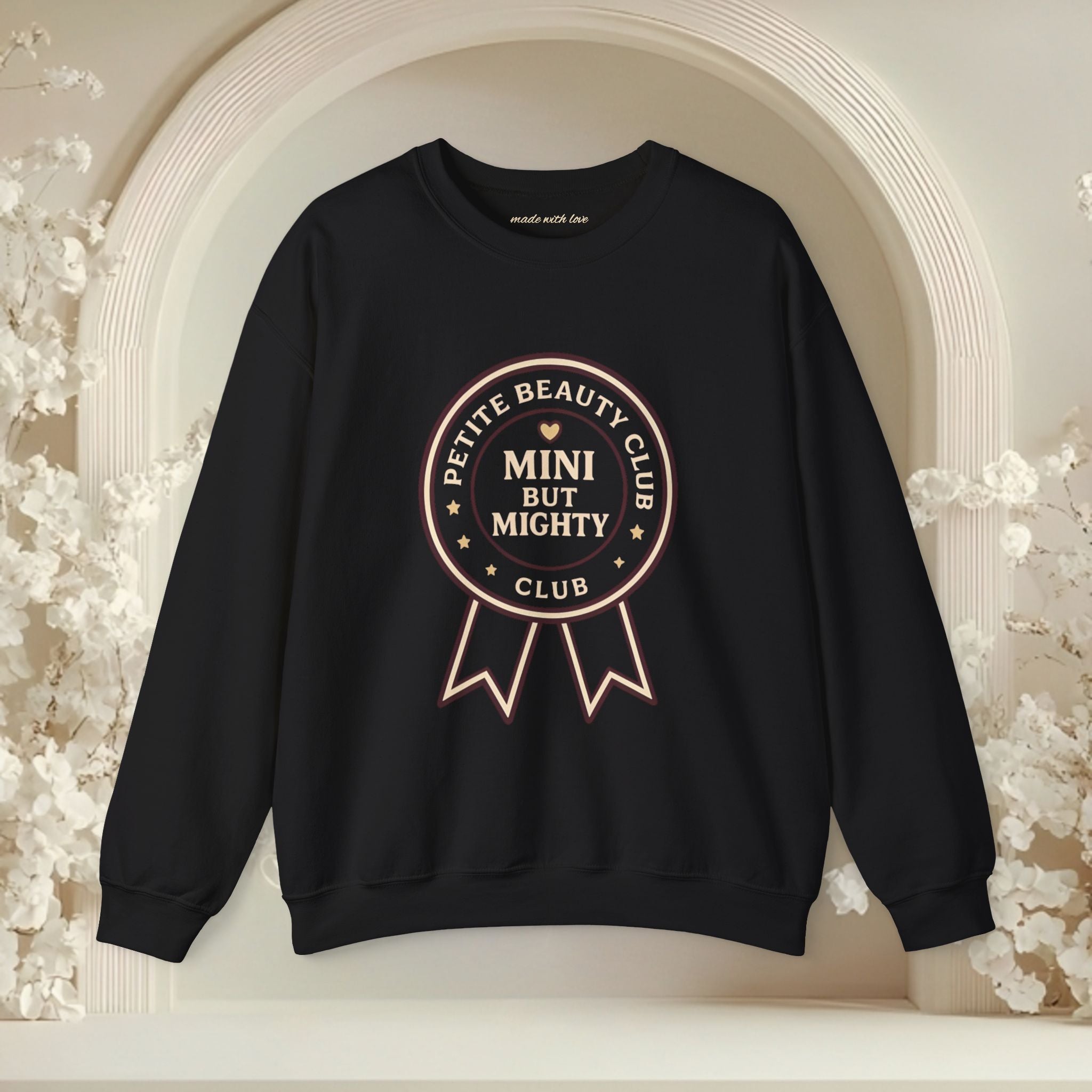 Crewneck Sweatshirt — 'Mini but Mighty' Award Ribbon Baby Announcement Pullover