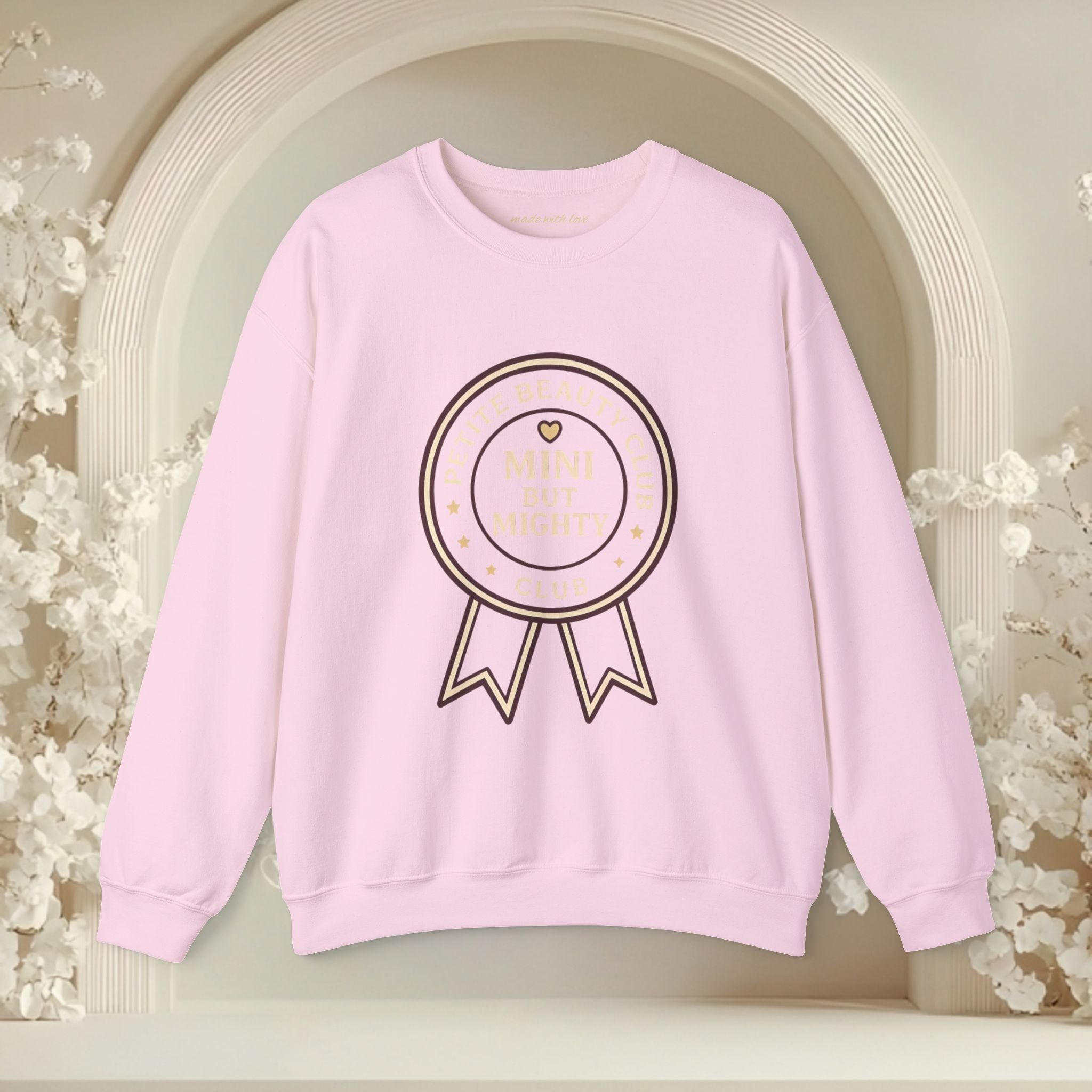 Crewneck Sweatshirt — 'Mini but Mighty' Award Ribbon Baby Announcement Pullover